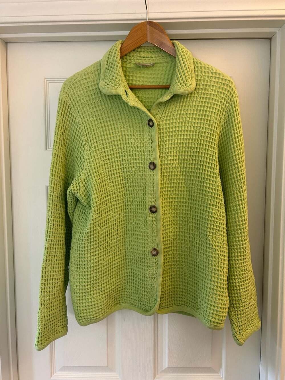 Coldwater Creek Green Waffle Knit Button Front Cardigan